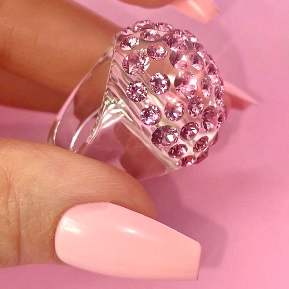 Pink Swarovski Crystal Acrylic Dome Ring, Lucite Clear Statement Ring - Picture 9 of 13